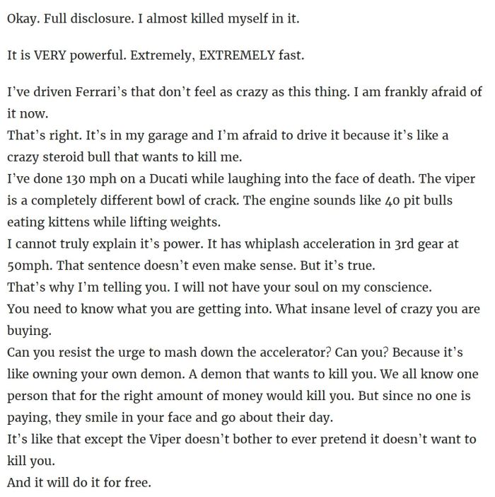The Most Honest Dodge Viper Craigslist Ad Ever (7 pics)