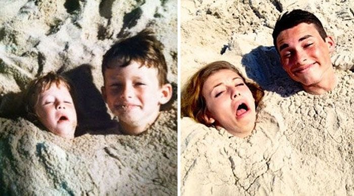 Families Recreate Classic Photos From Their Childhood (30 pics)