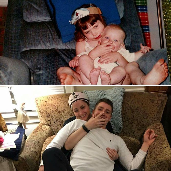 Families Recreate Classic Photos From Their Childhood (30 pics)