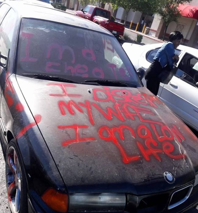 Scorned Wife Uses Car To Call Out Cheating Husband (3 pics)