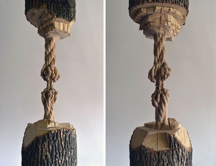 Artist Carves Giant Tree Trunk Down To Frayed Rope (5 pics)
