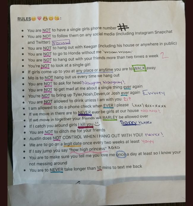 Guy Finds Crazy Contract From Overly Possessive Girlfriend (3 pics)