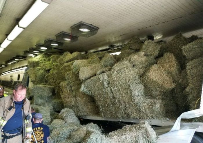 Truck Loaded With Hay Gets Stuck In A Tunnel (4 pics)
