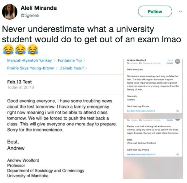 College Student Fakes Teacher’s Email To Avoid Test (4 pics)