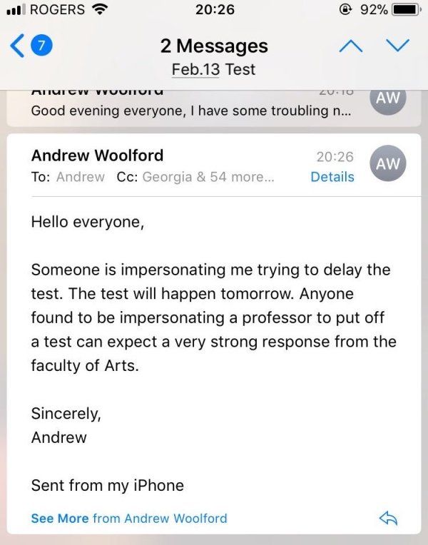 College Student Fakes Teacher’s Email To Avoid Test (4 pics)