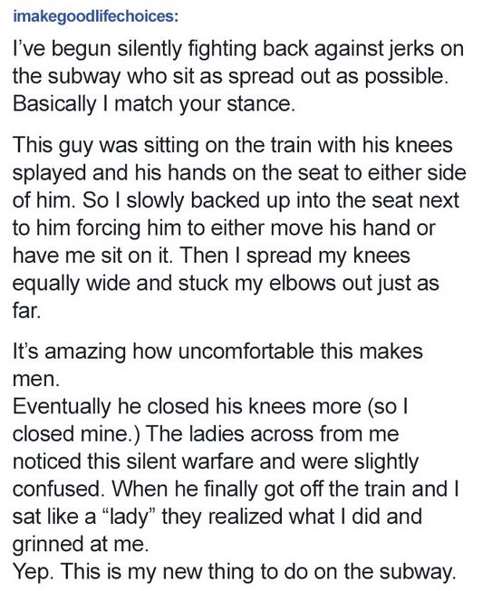 Woman Sick Of Men Spreading Legs In Subway Gets Revenge (6 pics)