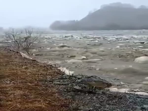 Frozen River Shatters Into Ice Jam