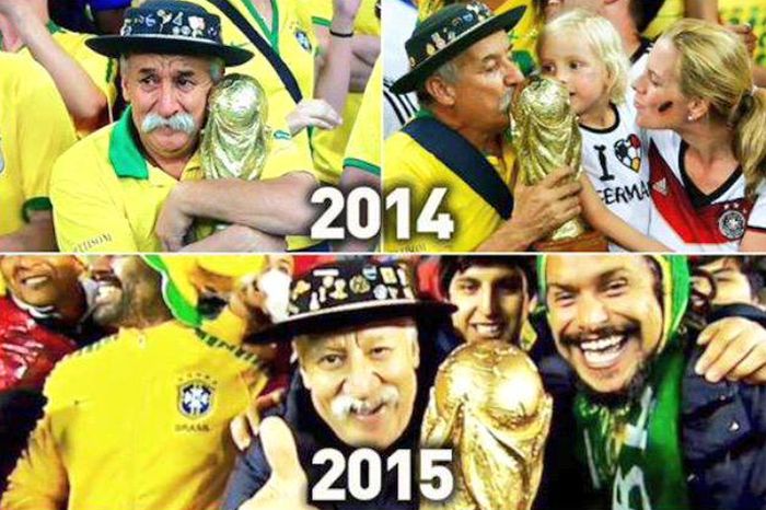 The Two Sons Of The Famous Brazilian Fan That Died in 2015 Took His Trophy And Hat To Russia (3 pics)