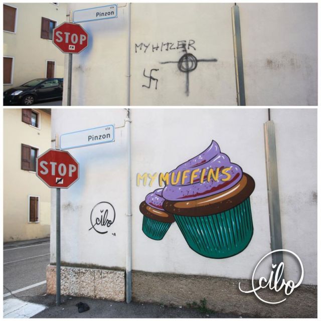 This Street Artist is Fighting Nazis With Giant Images of Food (12 pics)
