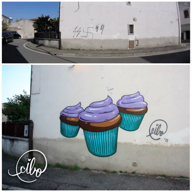 This Street Artist is Fighting Nazis With Giant Images of Food (12 pics)