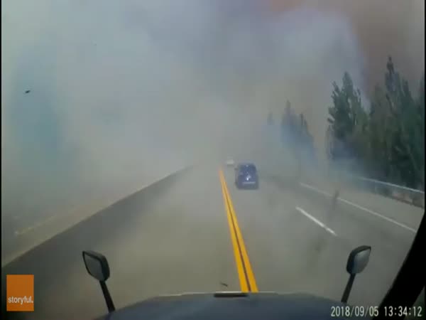 Trucker Has No Choice But To Drive Through Raging Wildfire