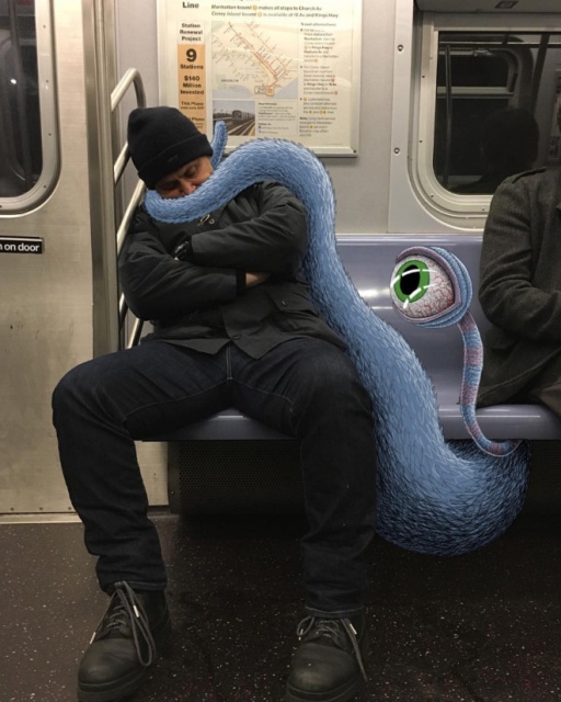 Artist Adds Monsters Next To Strangers On The Subway (20 pics)