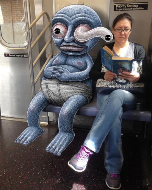 Artist Adds Monsters Next To Strangers On The Subway (20 pics)