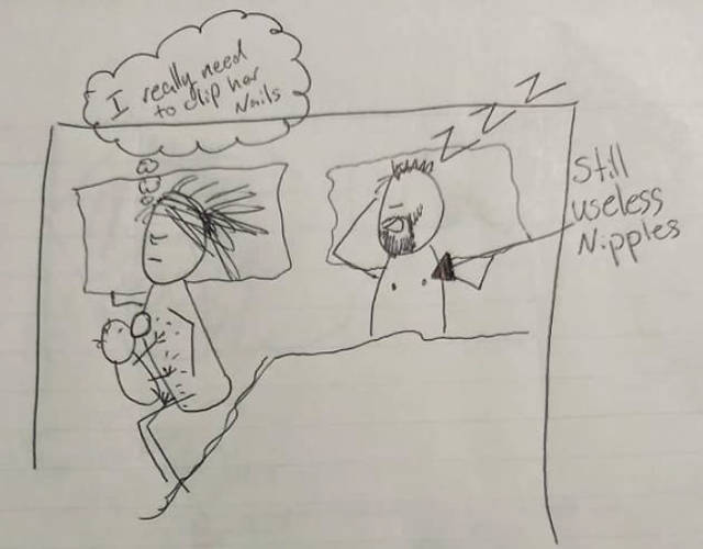 Wife Uses Simple Drawings To Explain To Her Husband Why She Is Always Tired Because Of Their Child (12 pics)
