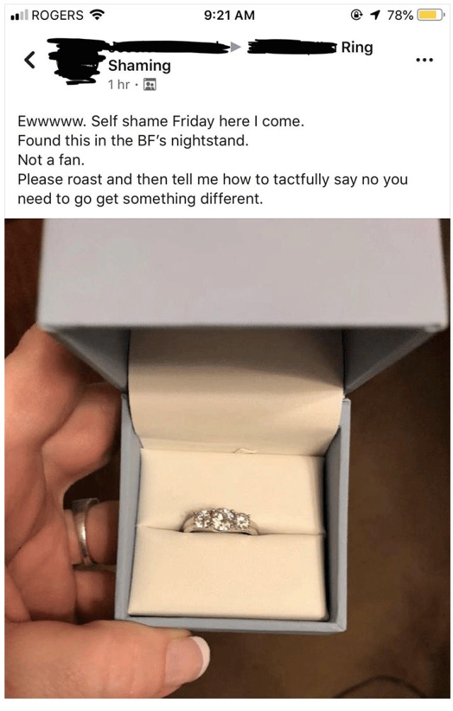 Woman Finds A Ring In Her Boyfriend’s Nightstand, Posts It To A Ring-Shaming Group (6 pics)