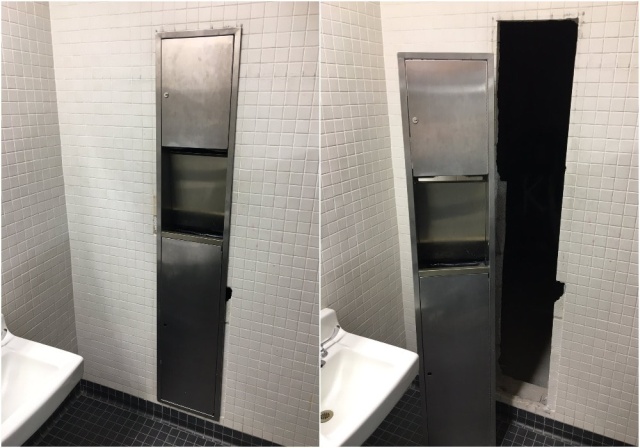 Danny DeVito Shrine Hidden Behind The Paper Towel Dispenser In One Of The School Bathrooms (4 pics)