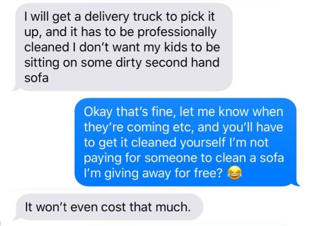 Guy Trying To Get a Free Couch Insists That The Owner Pays To Get It Cleaned (5 pics)