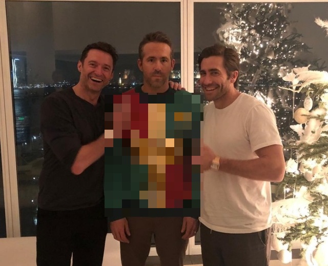 Hugh Jackman and Jake Gyllenhaal Laughing At Ryan Reynolds' Ugly Sweater (2 pics)