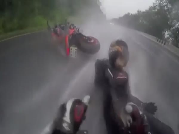 Motorcyclist Saves Girlfriend After Smash In Rain