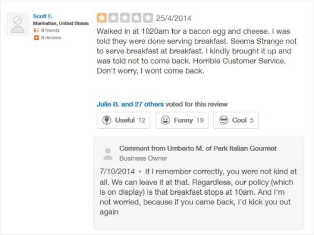 Restaurants Reply To Bad Reviews (20 pics)
