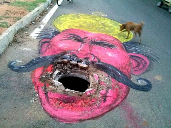 This Man Draws Attention To Road Hazards In Bengaluru, India (19 pics)
