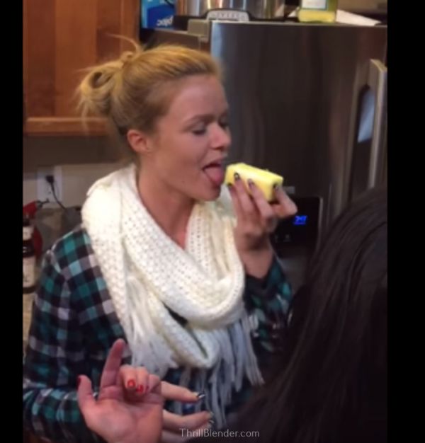 Blonde Swallows Whole Stick Of Butter Without Gagging!
